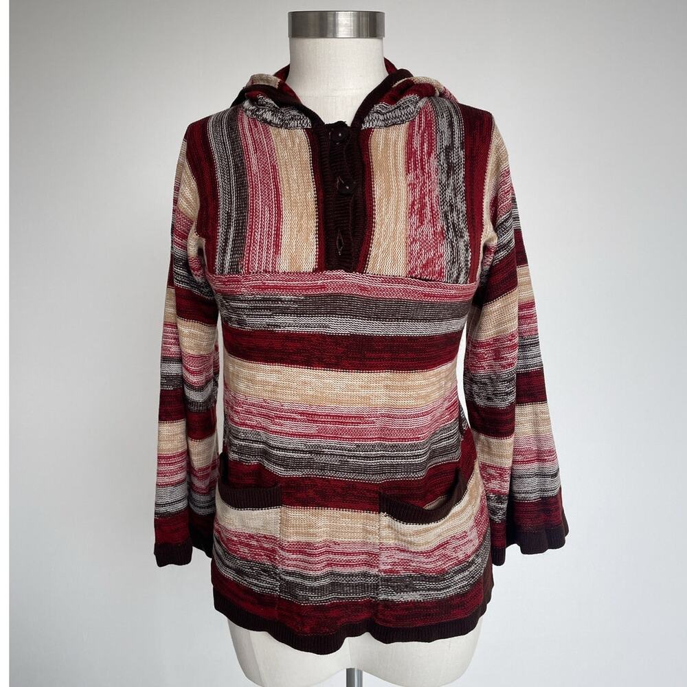 Vtg 70s WOOLCO Striped Neutral Knit Hooded Sweater Top / Sz M / Boho Hippie